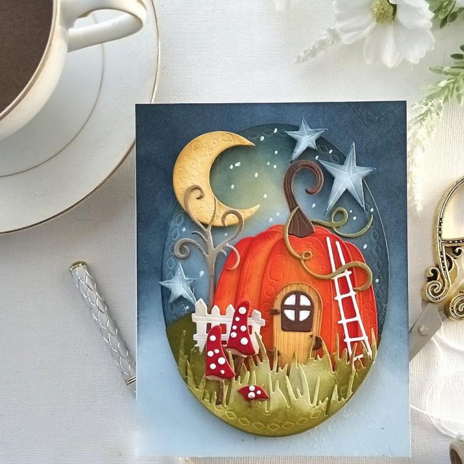 Build It Pumpkin House w Trees, Fences, & Stars Cutting Dies