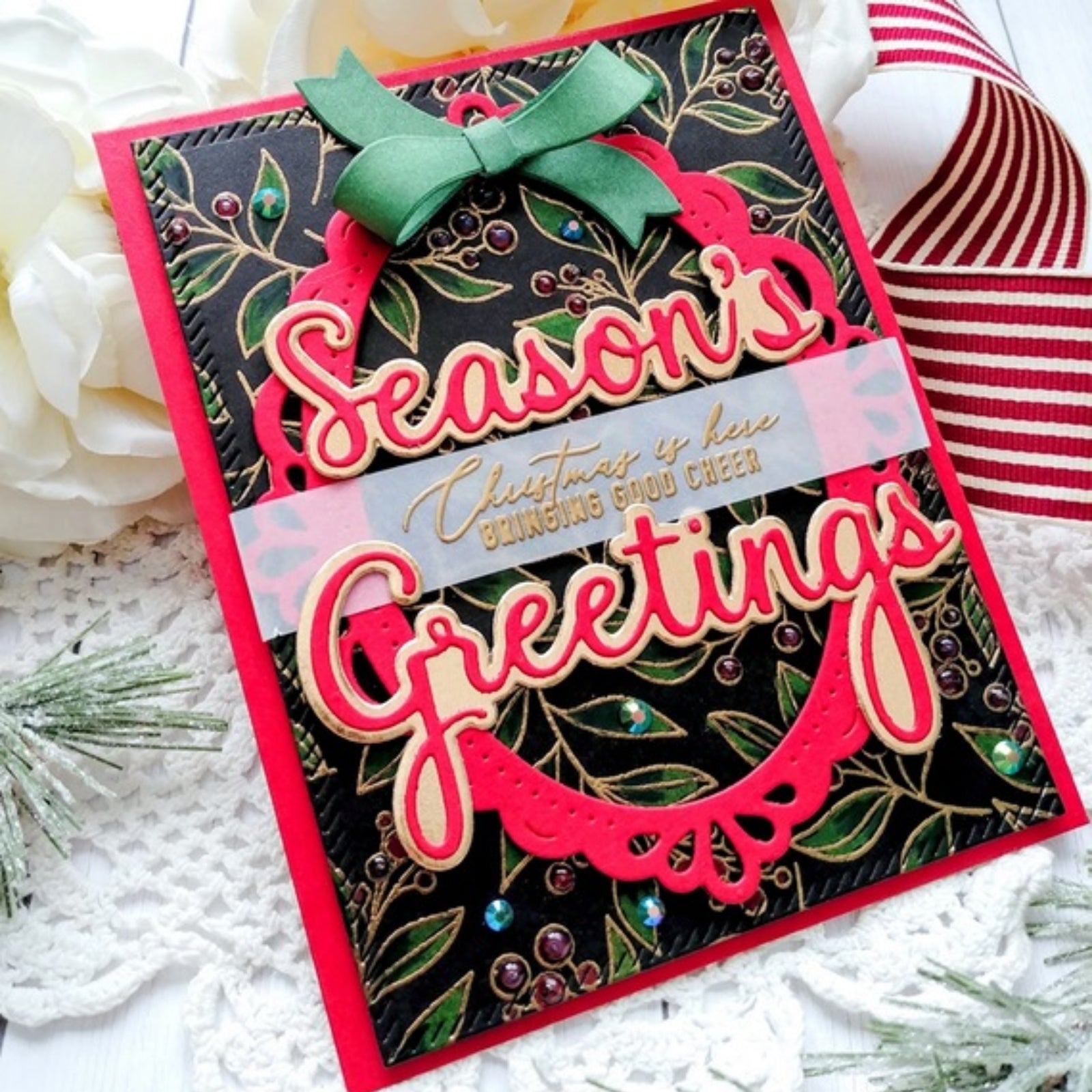 Season’s Greetings Holiday Sentiments w Shadows Cutting Dies
