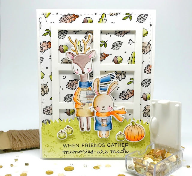 Autumn Harvest Background Frame Grid Cutting Dies w Leaves Pumpkins Acorn