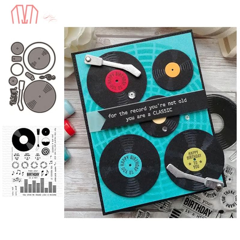 Classic Vinyl Music Record Cutting Dies with Coordinating Stamp Set