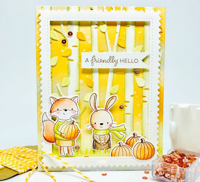 Autumn Harvest Background Frame Grid Cutting Dies w Leaves Pumpkins Acorn