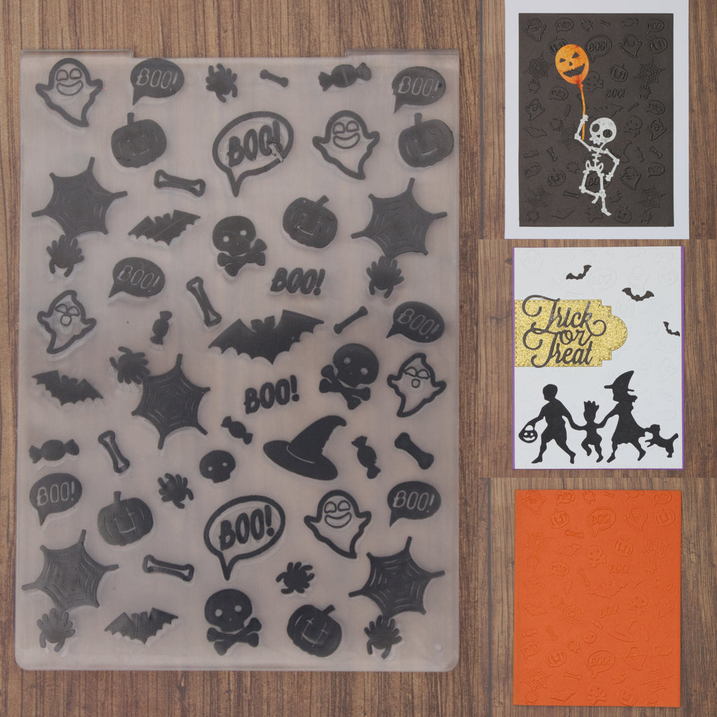 Boo Embossing Folder Halloween BOO! Embossing Folder w Ghosts Skulls Bats Spiders Webs Cand