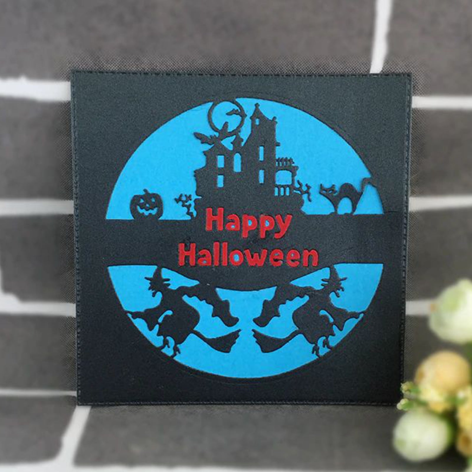 Happy Halloween Large Circular Scene Cutting Die w Witches Bats Castle Cat