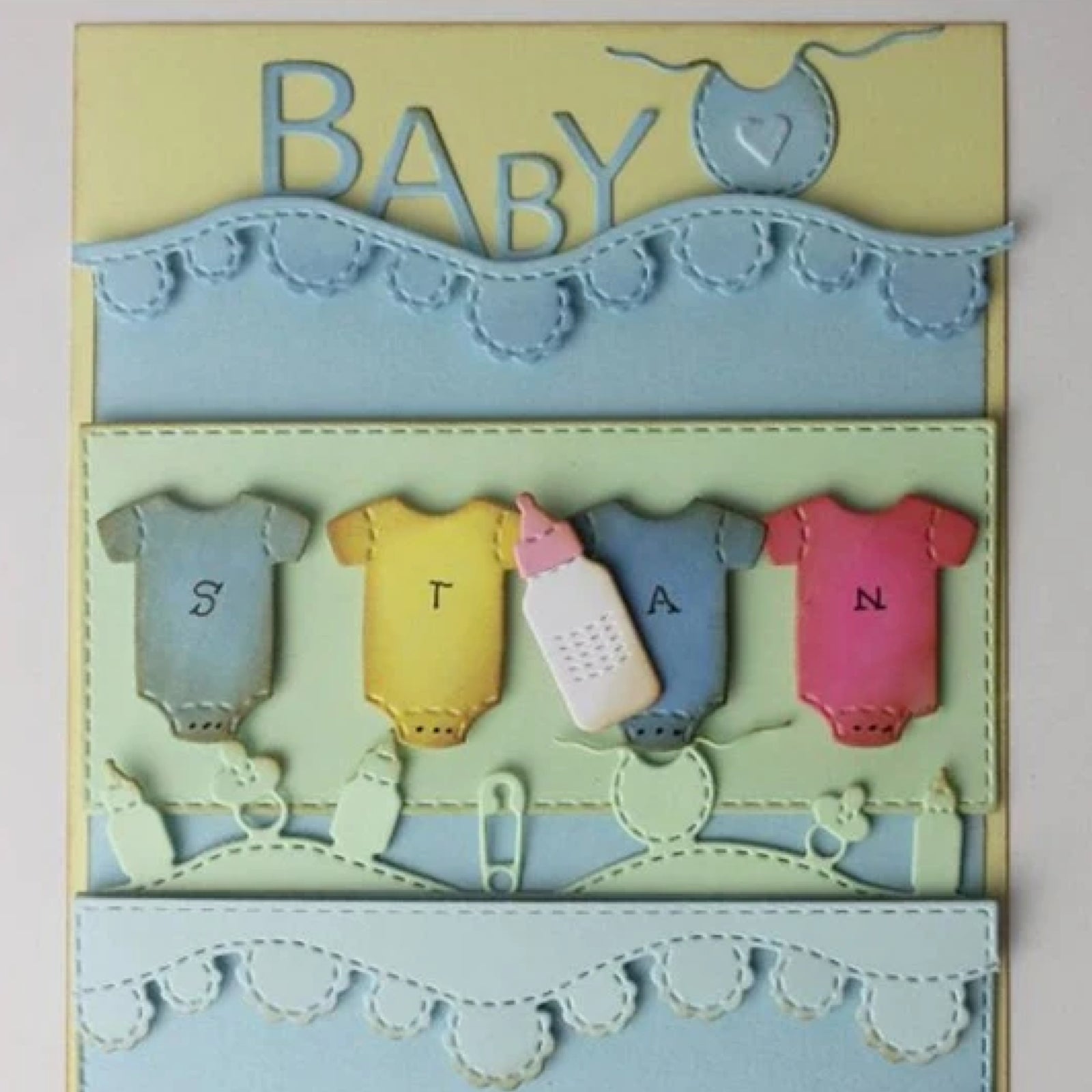 Baby Accessories Stitched Border Edge w Clothes, Pacifier, Bottle Cutting Dies