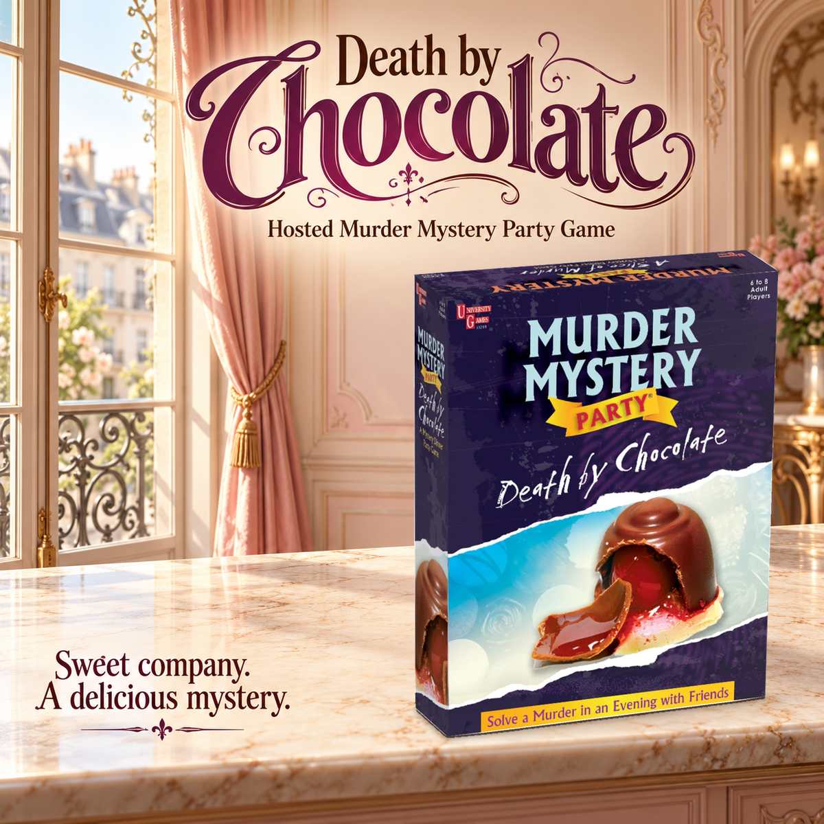 Death by Chocolate game box in a themed tabletop setting.