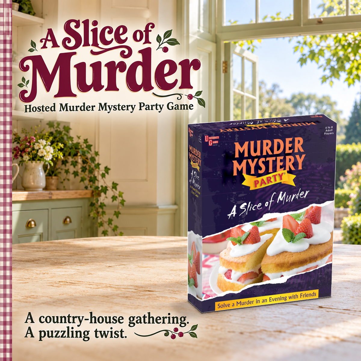 A Slice of Murder game box in a themed tabletop setting.