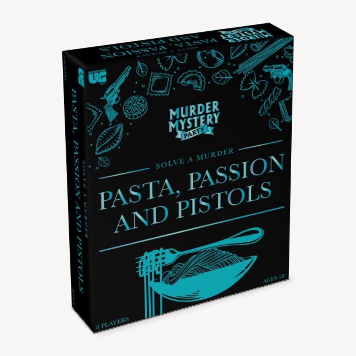 Pasta, Passion and Pistols game box on a neutral background.