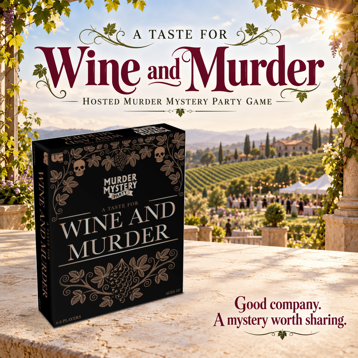 A Taste for Wine and Murder game box in a themed tabletop setting.