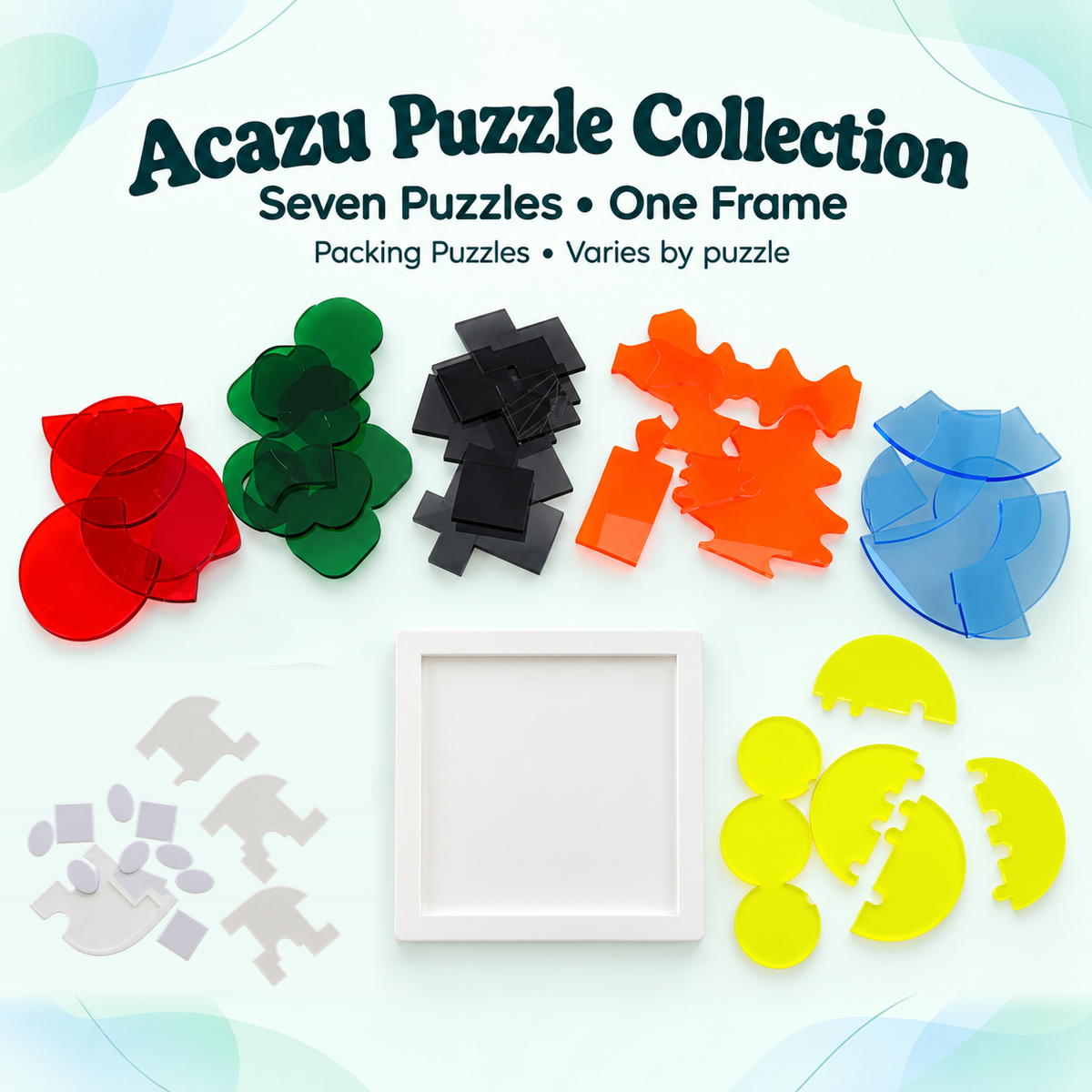 Acazu Puzzle Collection: seven packing puzzles and one shared frame, difficulty varies by puzzle.
