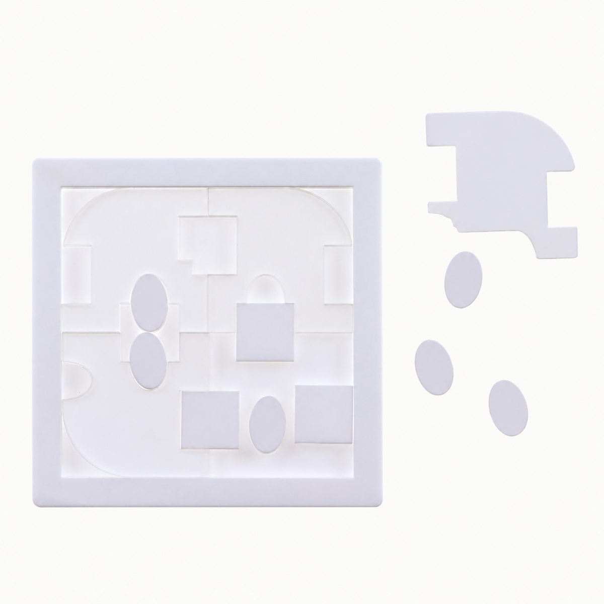 Acazu Surface packing puzzle with its pieces and the shared frame on a neutral background.