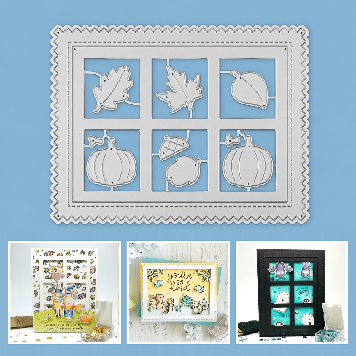 Autumn Harvest Background Frame Grid Cutting Dies w Leaves Pumpkins Acorn