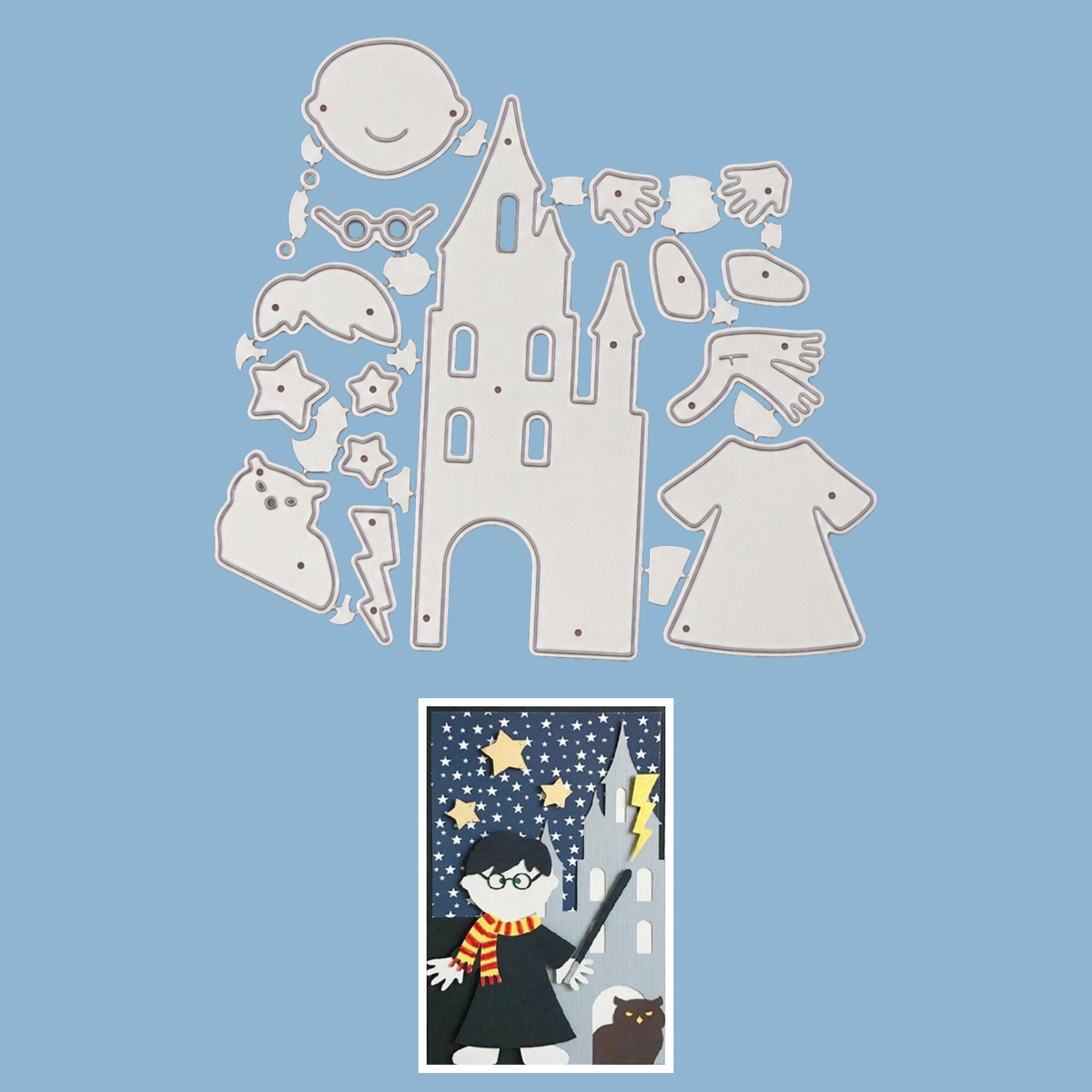 Boy Wizard w Castle Owl & Stars Cutting Dies
