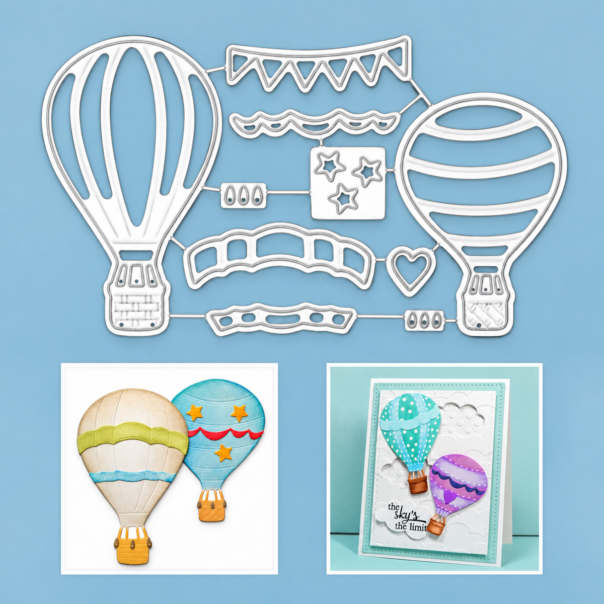 Classic Hot Air Balloons w Heart, Stars, and Banners Cutting & Embossing Dies