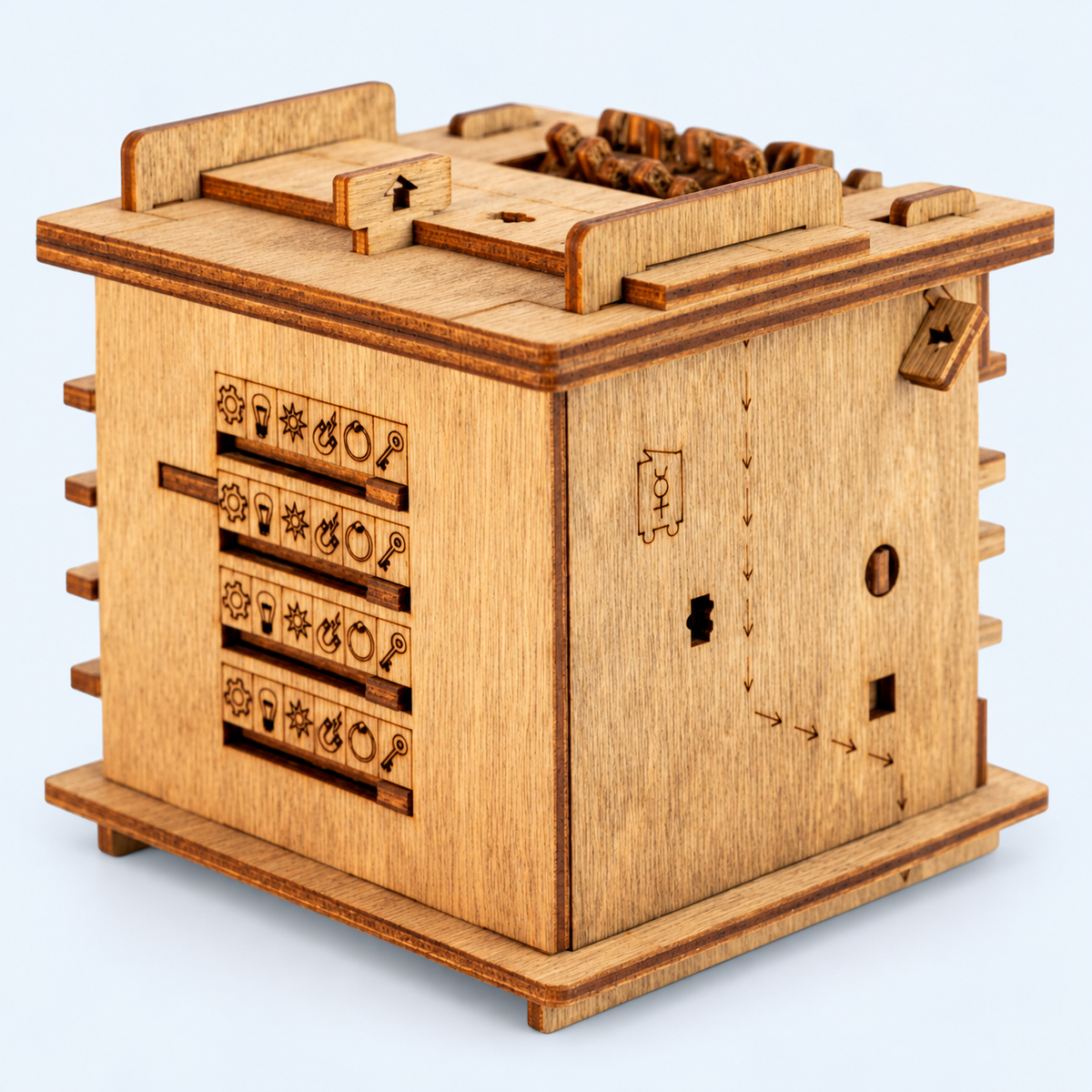 Schrödinger's Cat wooden Cluebox, full product view; background props removed
