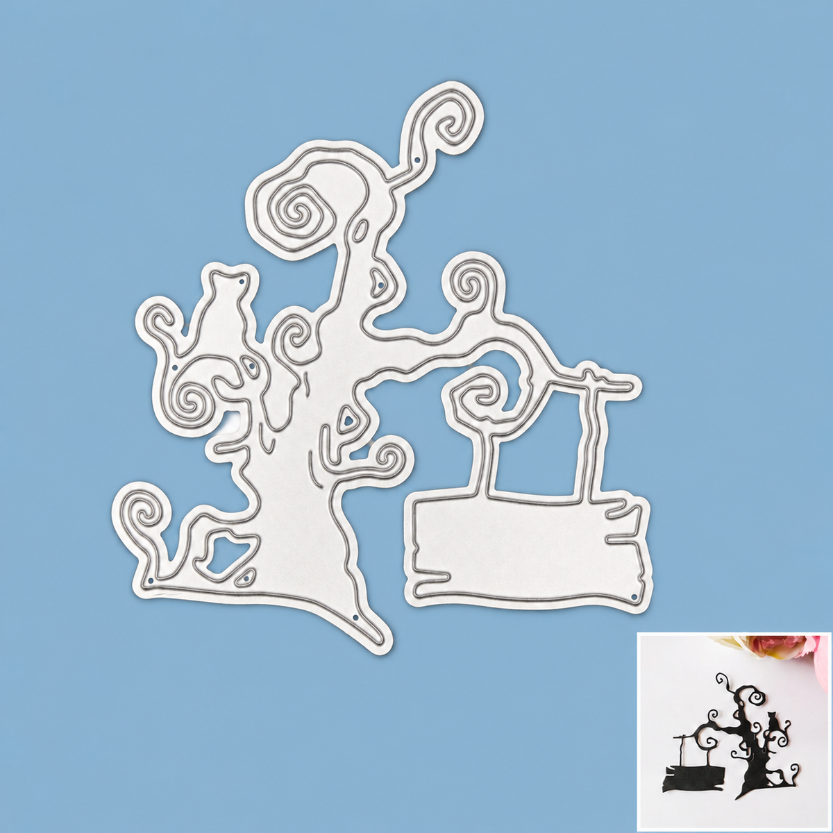 Curled Tree w Cat & Hanging Sign Cutting Die