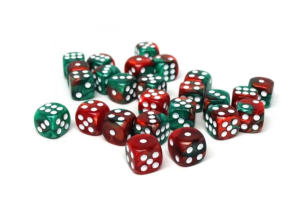 12mm D6 Dice - Green and Red Swirl - 25 Count Bag