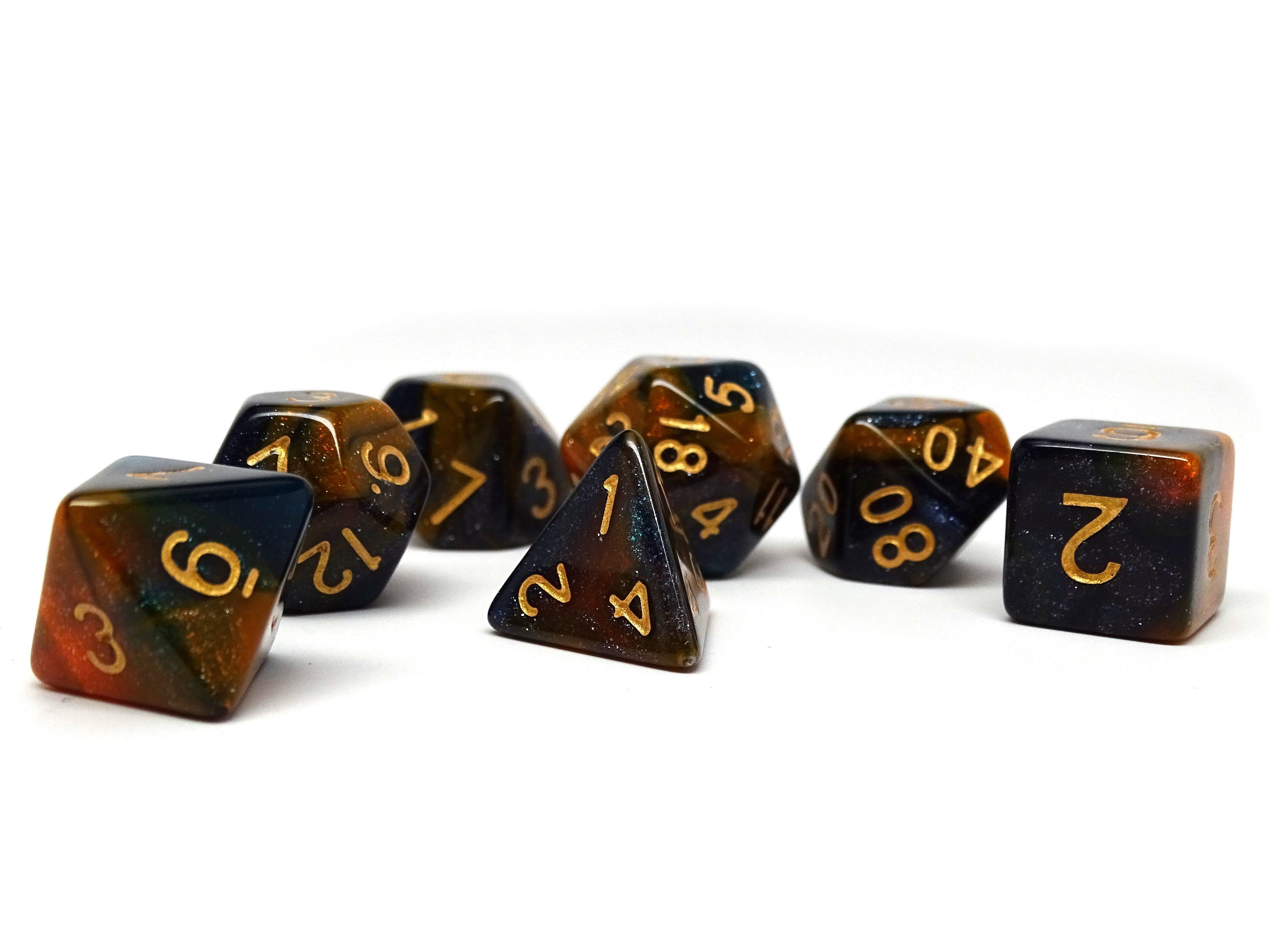Orange and Blue Marble Dice Collection - 7 Piece Set