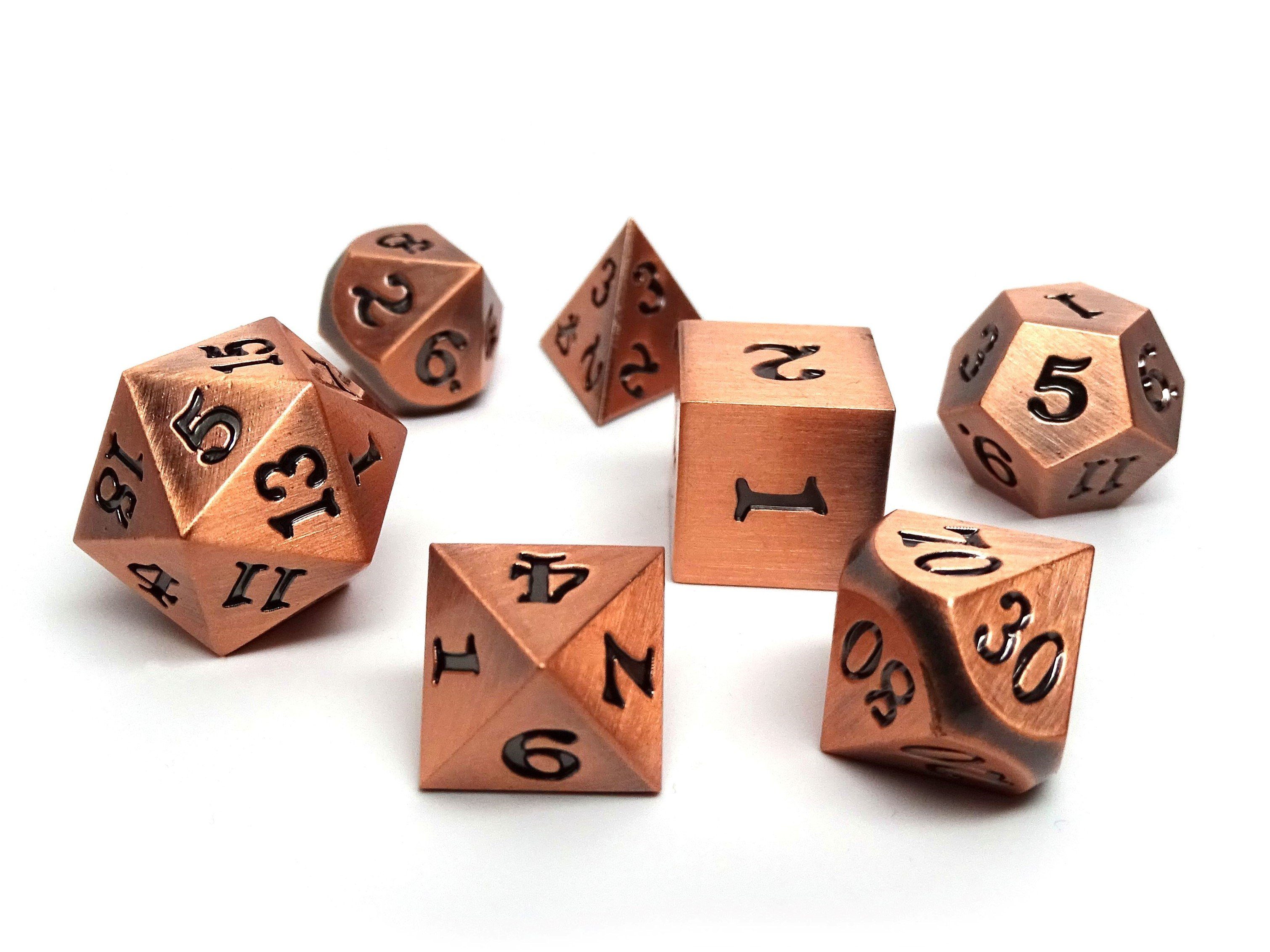 Legendary Copper 7 Piece Metal Dice Set - Black Signature Font