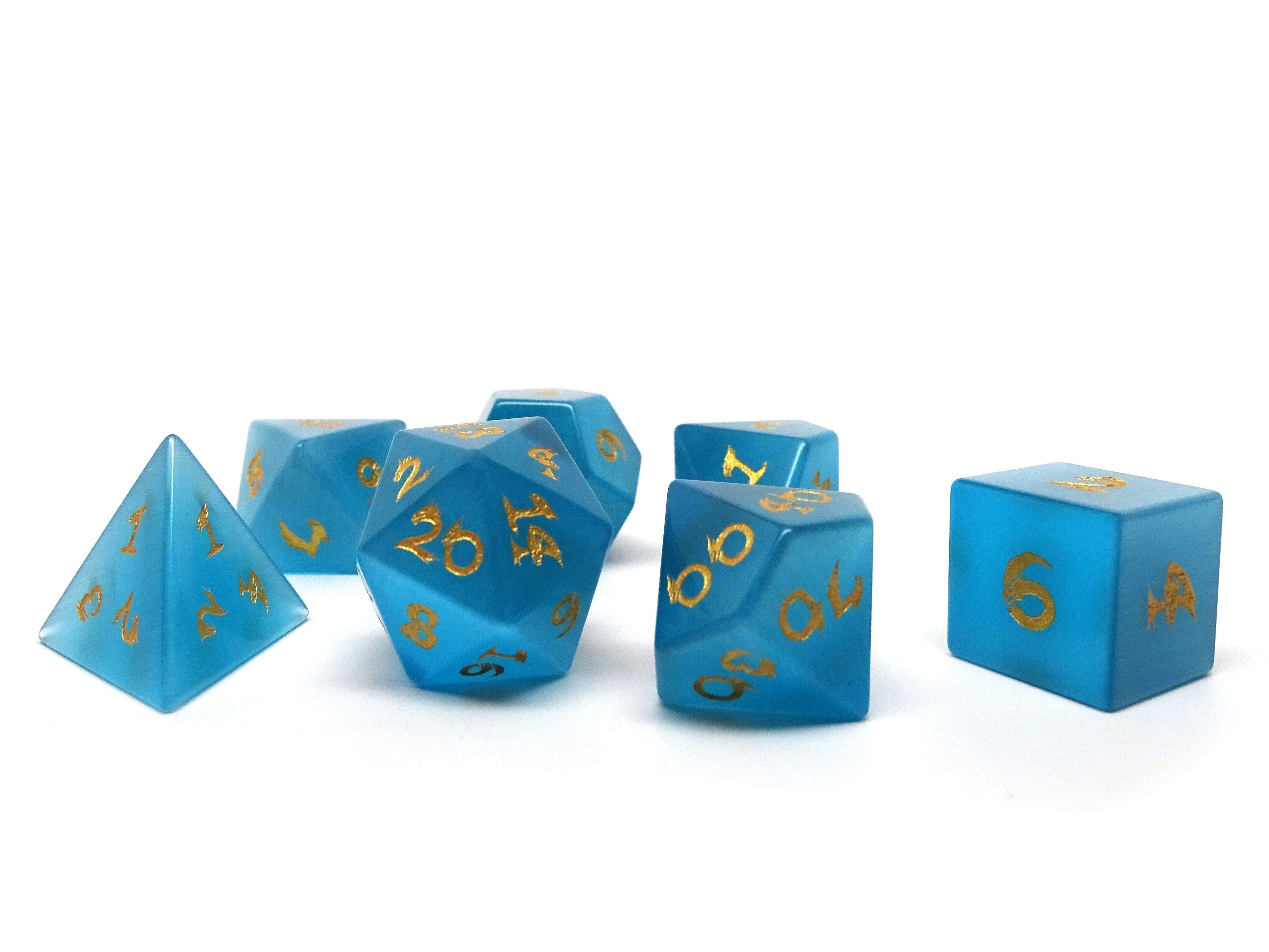 Blue Cat's Eye Dice Set With Dragon Font