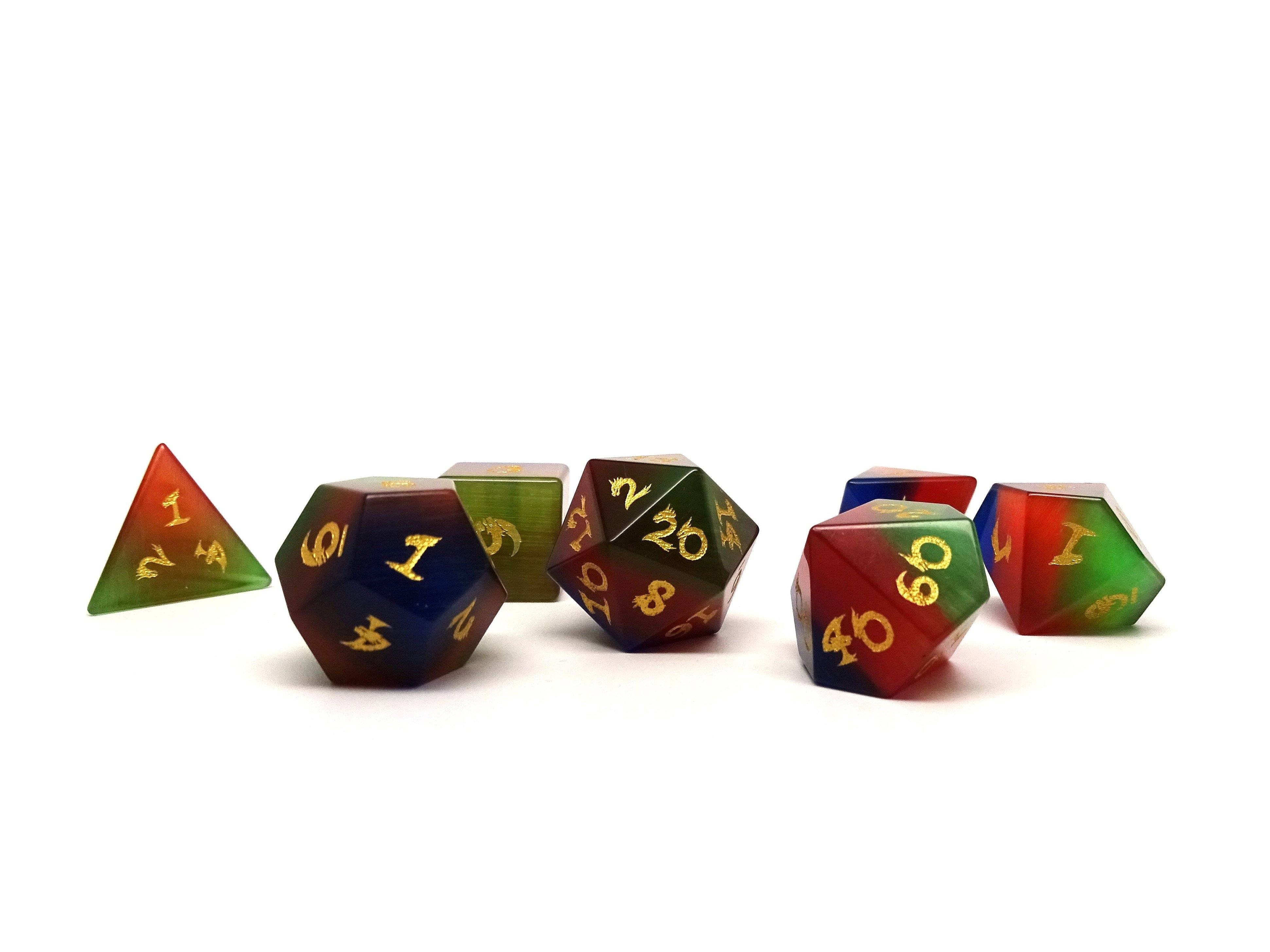 3 Tone Cat's Eye Dice Set With Dragon Font