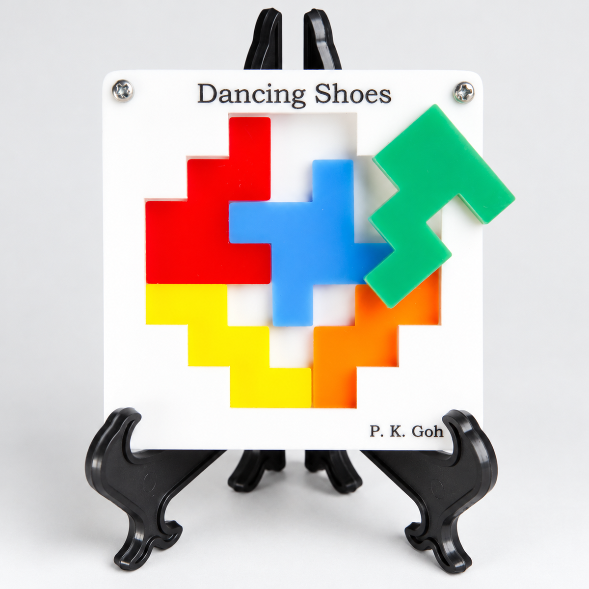Dancing Shoes acrylic packing puzzle, five colored pieces and full stand