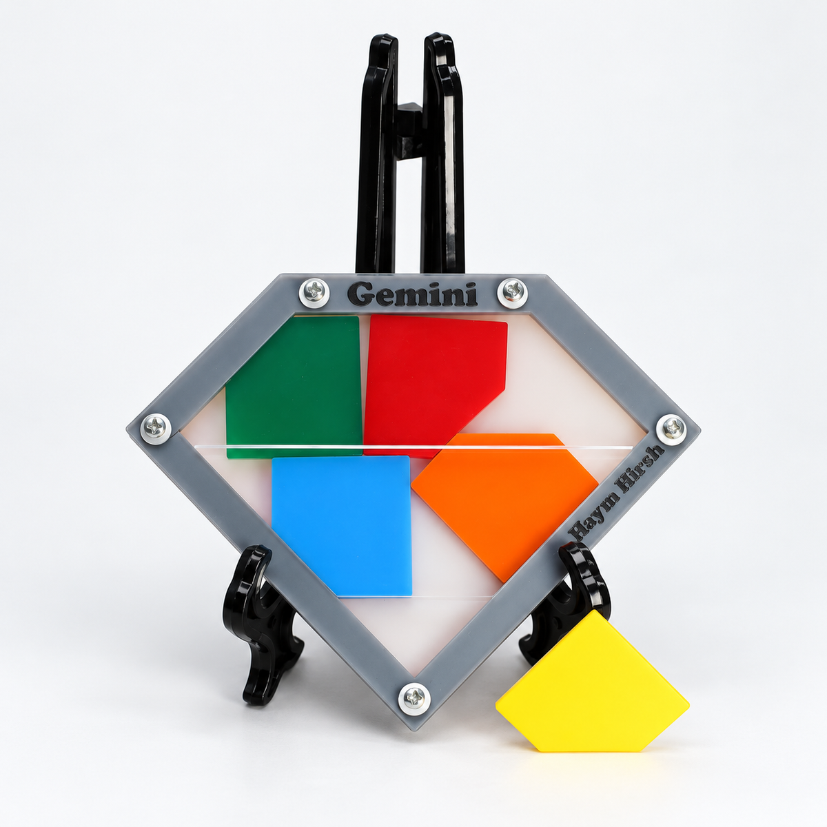 Gemini acrylic puzzle, original five colored pieces and complete tall stand