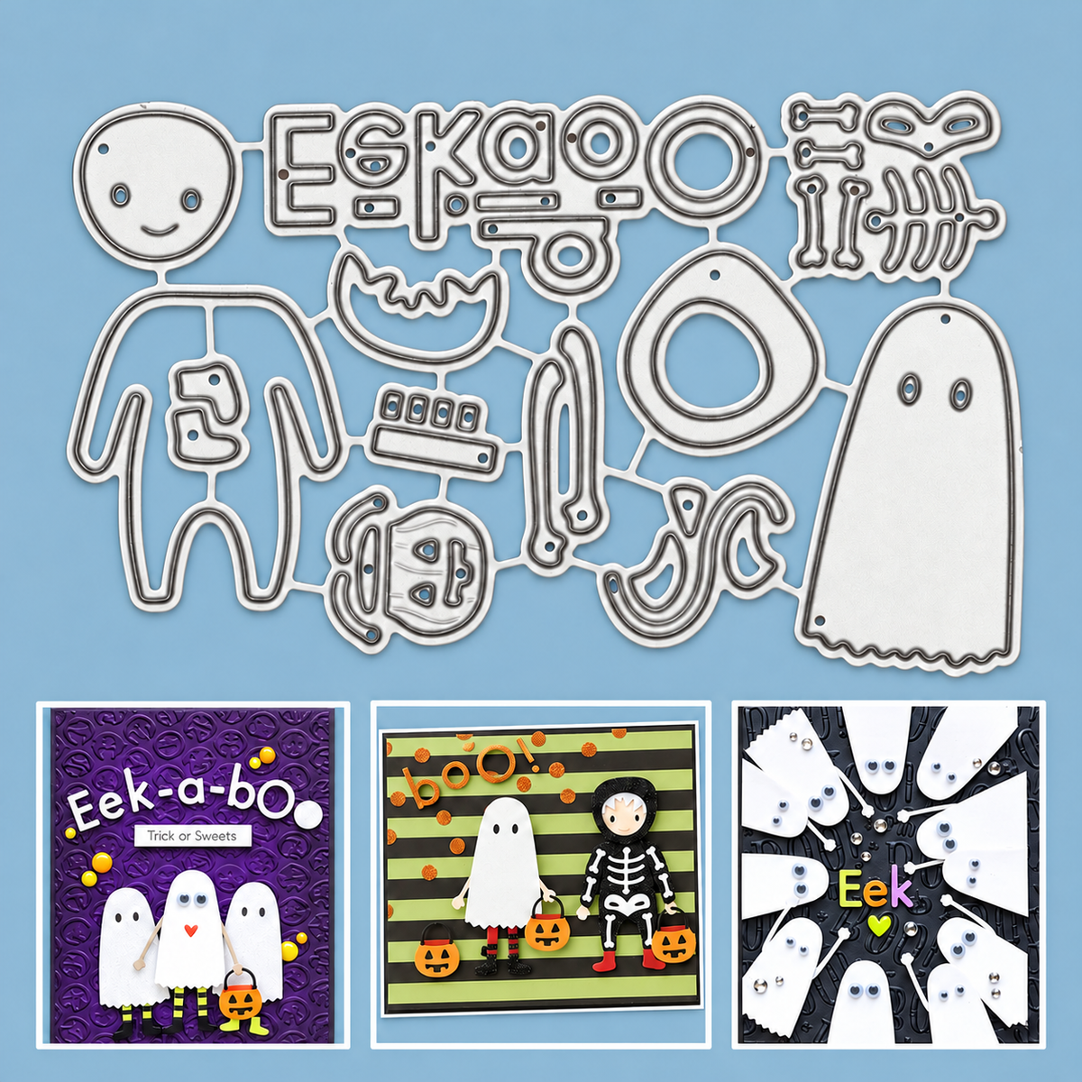 Halloween Ghost Boo!, Skeleton, and Kid Trick or Treat Costumes Cutting Dies
