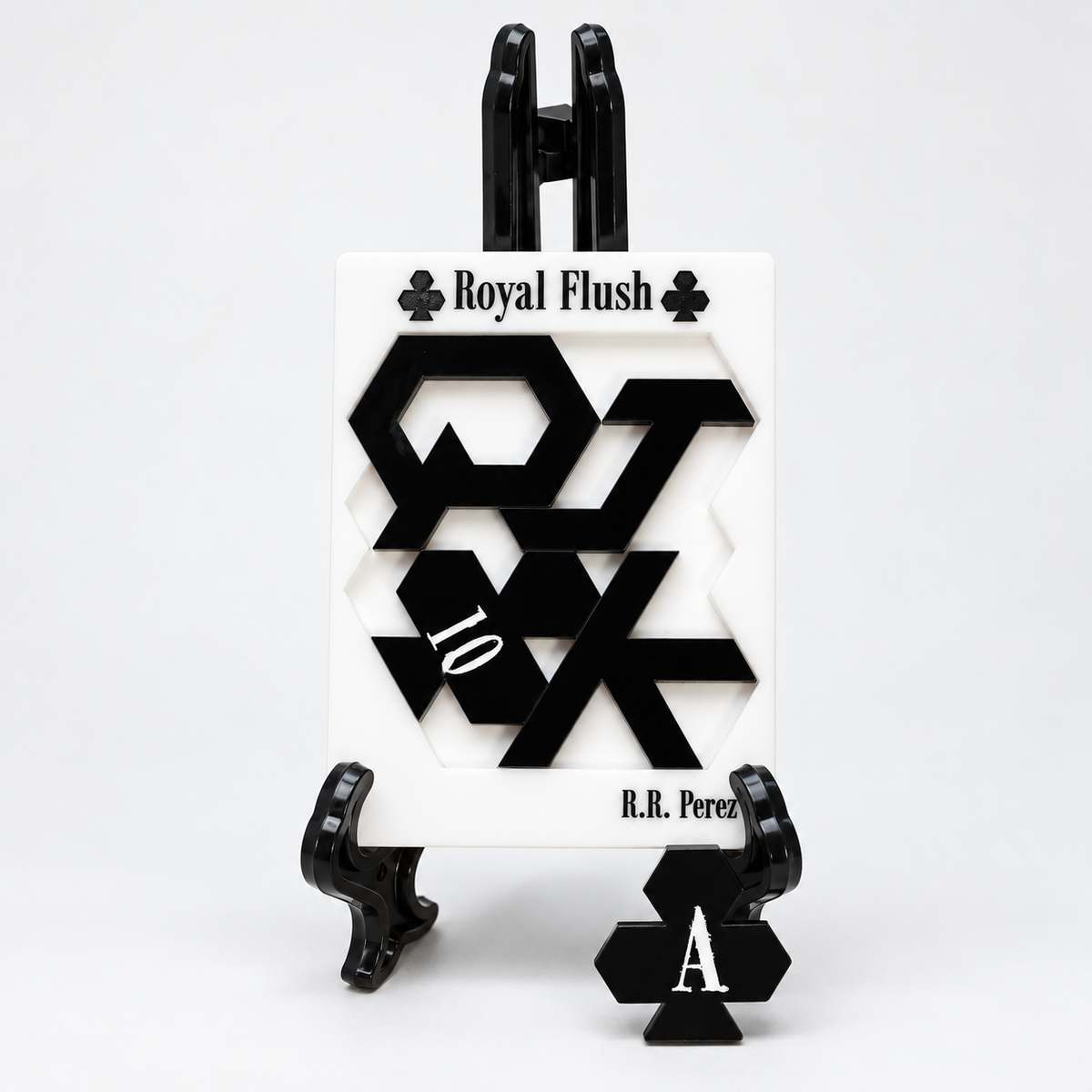Royal Flush Clubs acrylic puzzle and loose club ace on black display stand