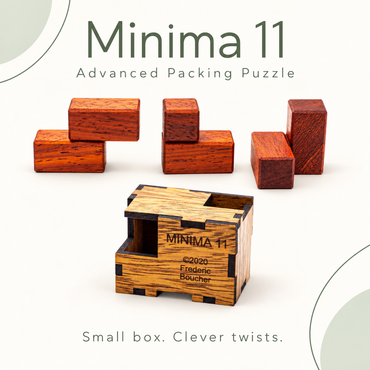 Minima 11 wooden packing puzzle by Frederic Boucher, hero