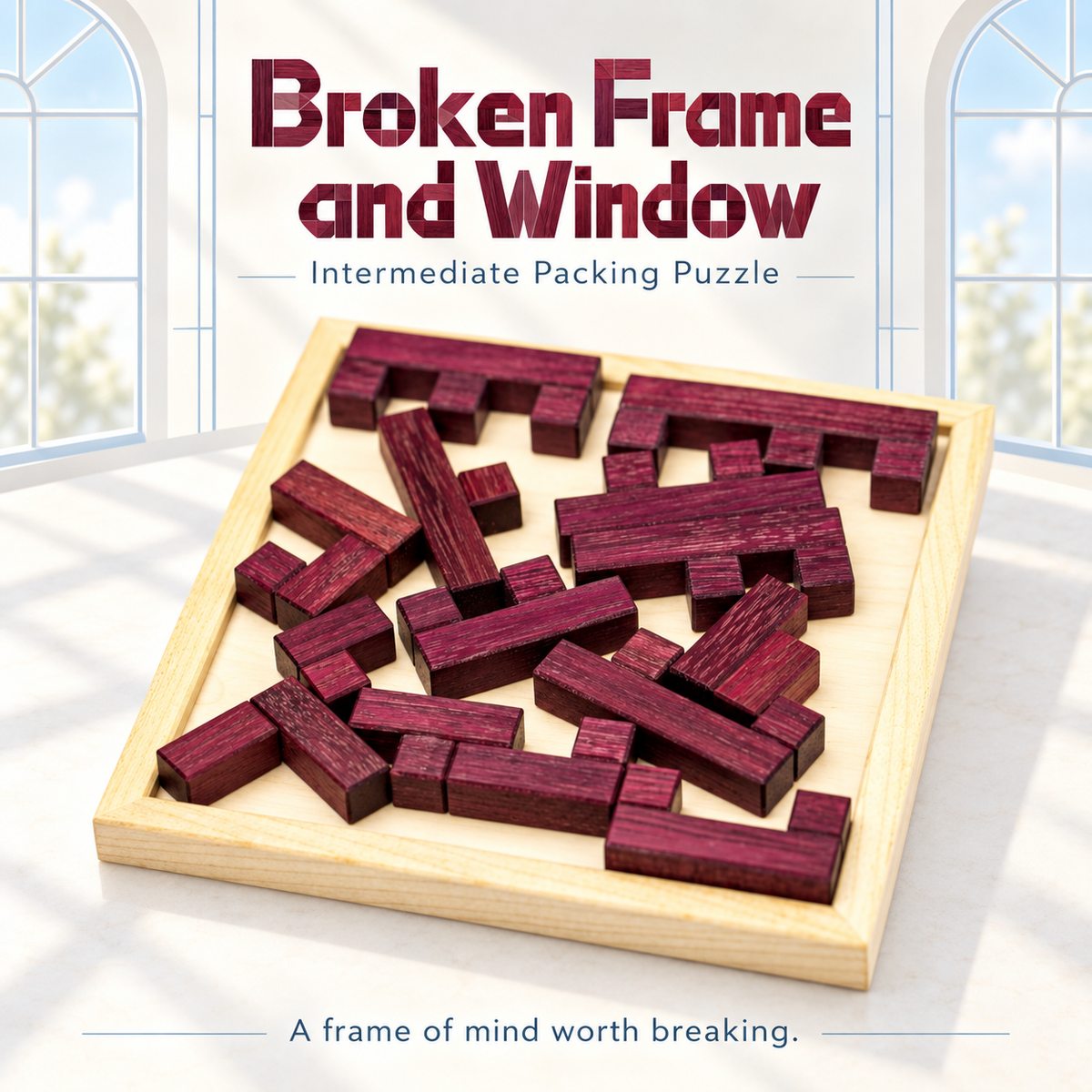 Broken Frame and Window wooden packing puzzle by Lucie Pauwels, made by Pelikan Puzzles