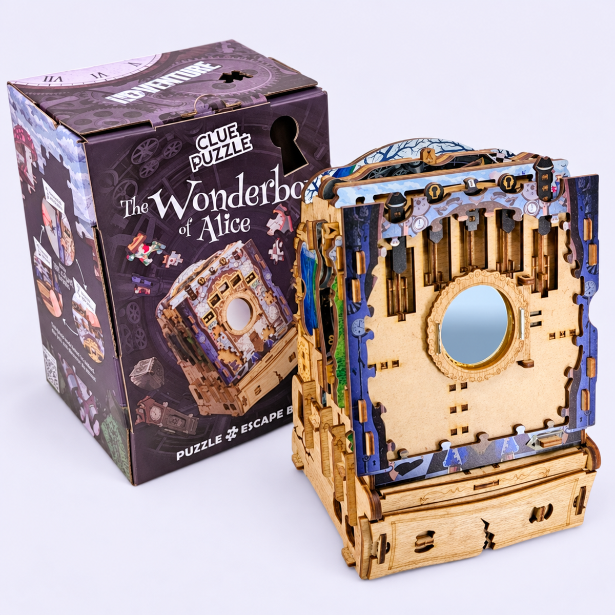Wonderbox of Alice wooden puzzle in the source photograph's partially assembled state, with its retail packaging