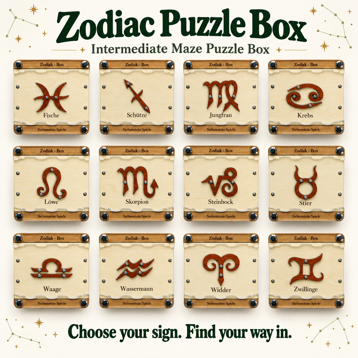 Zodiac Puzzle Box – Intermediate Maze Puzzle Box by Siebenstein-Spiele