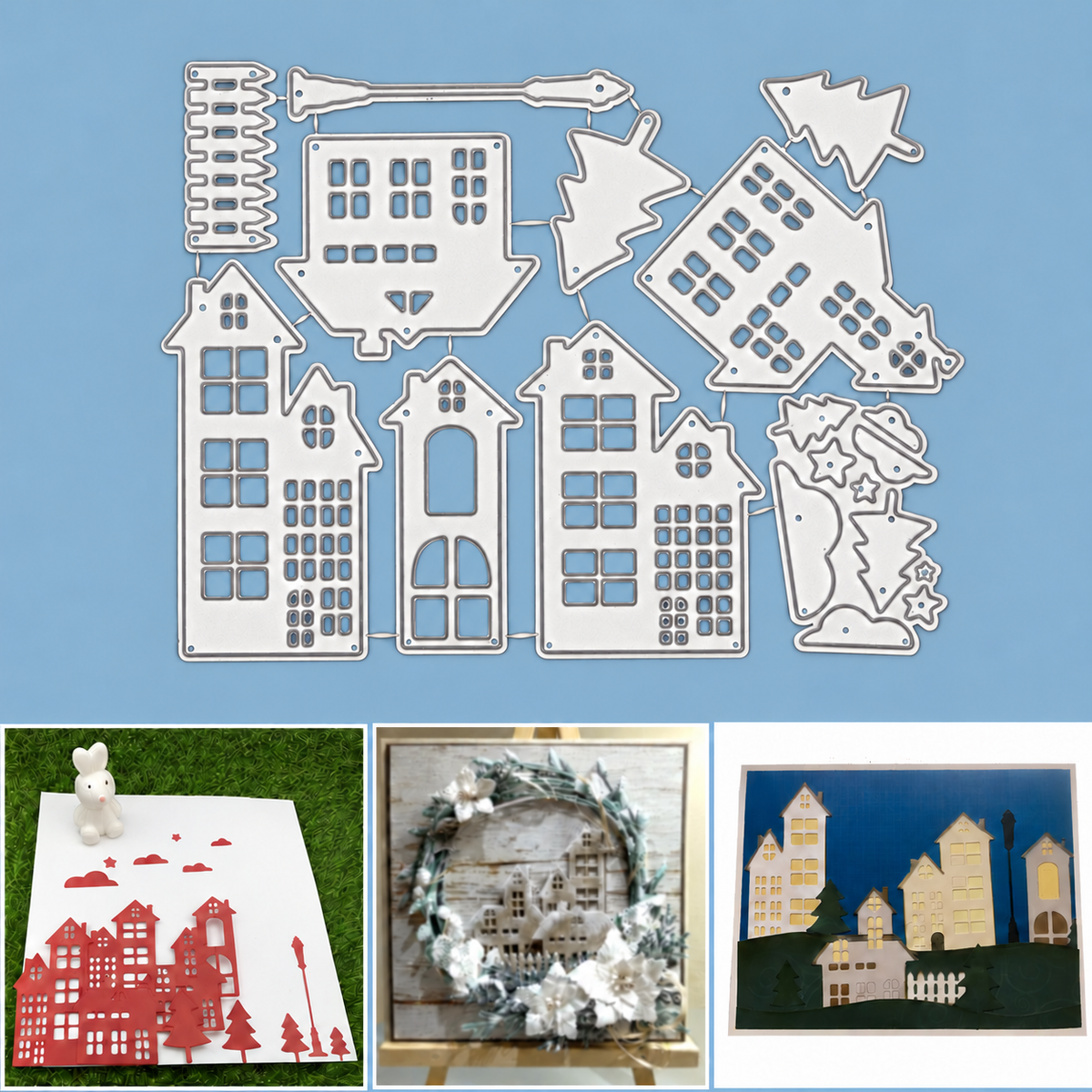 Village Builder City Buildings w Trees & Streetlight Cutting Die Set