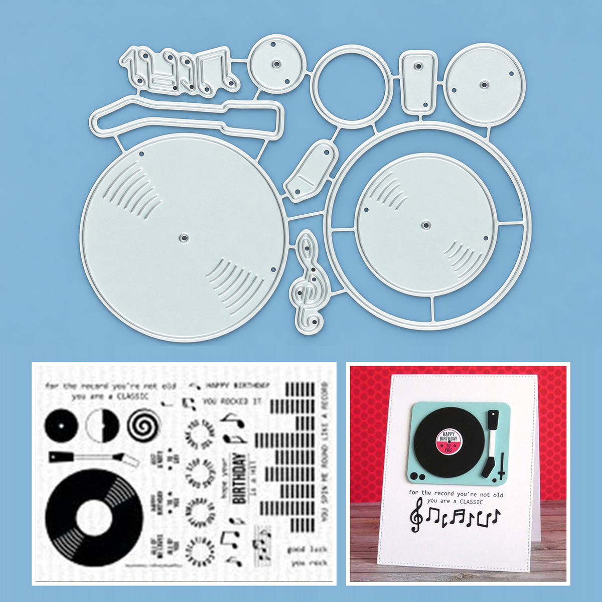 Classic Vinyl Music Record Cutting Dies with Coordinating Stamp Set