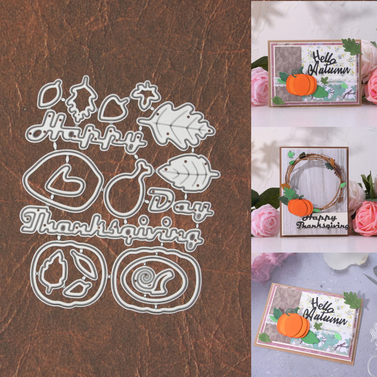Happy Thanksgiving Day w Leaves, Pumpkin, Cooked Turkey Cutting & Embossing Dies