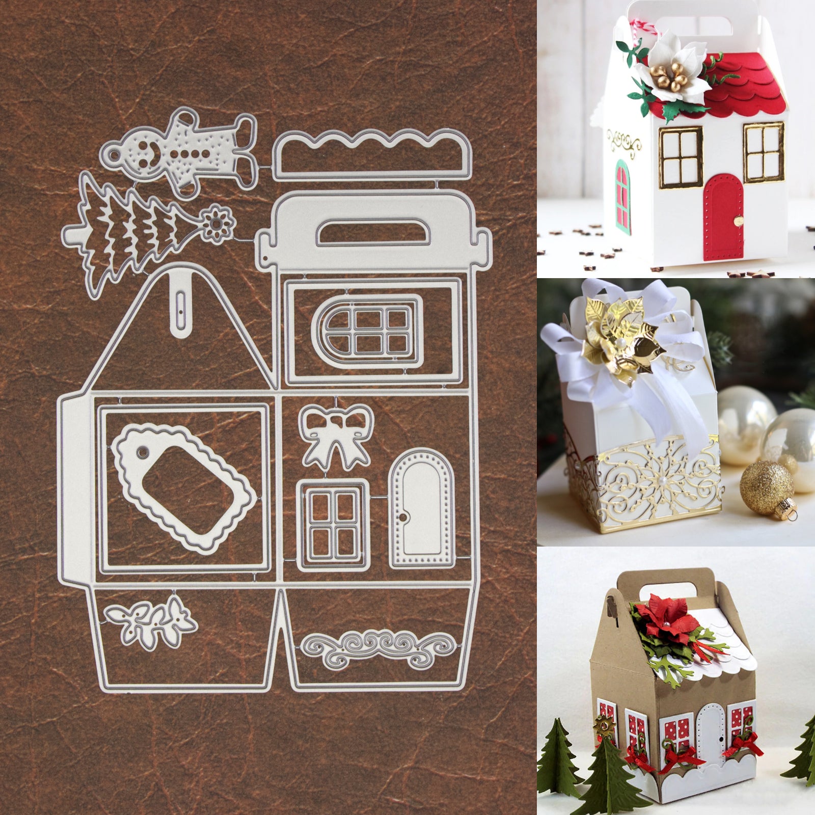 Gingerbread House Gift Box w Christmas Tree Tag Bow Cutting & Embossing Dies