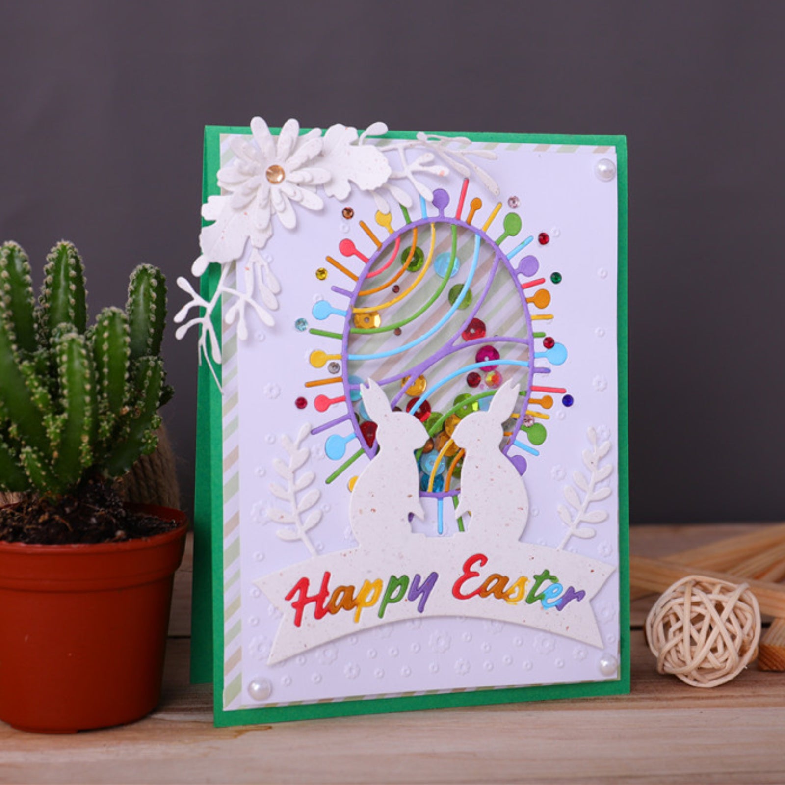 Happy Easter Bunny Rabbits w Foliage Banner Cutting Die