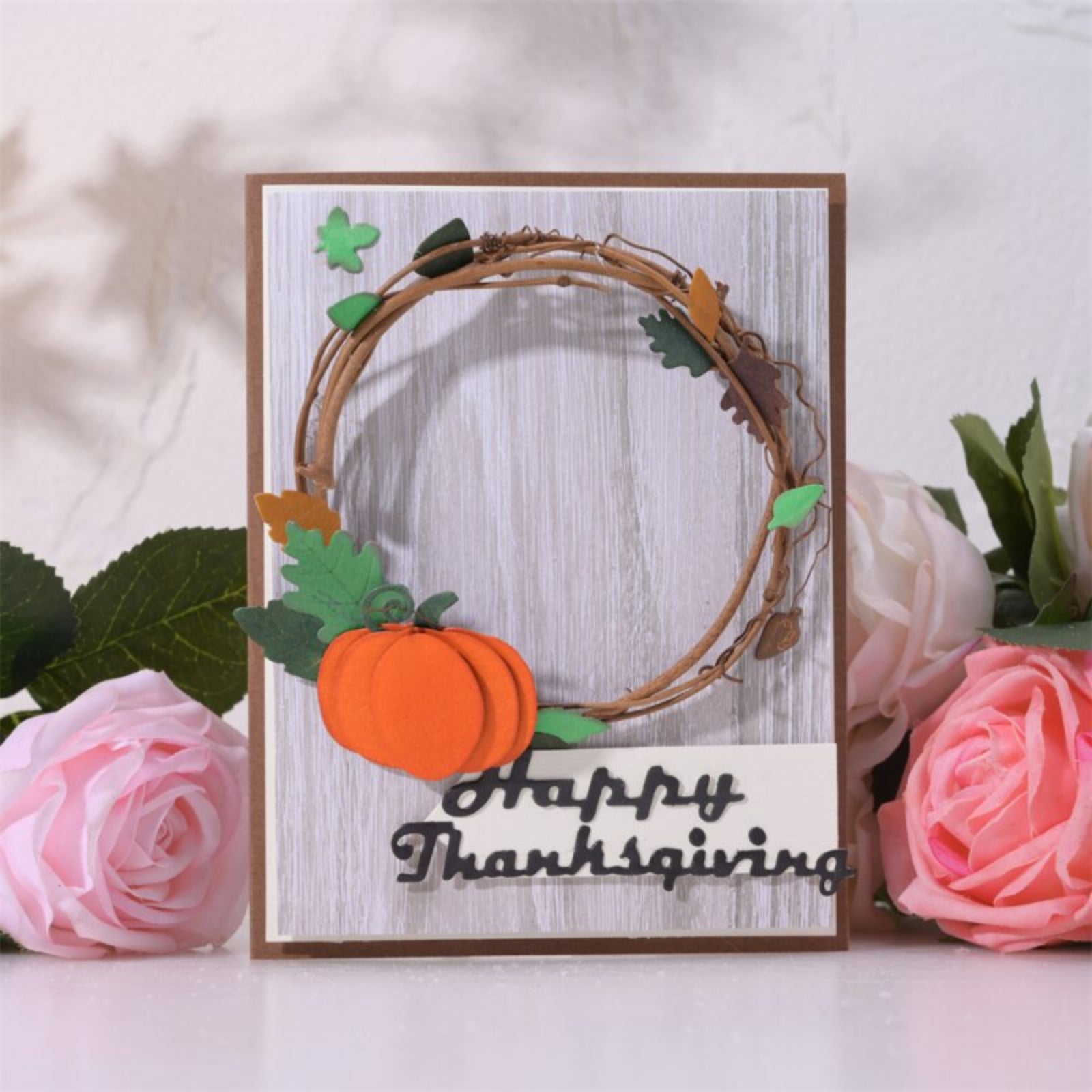 Happy Thanksgiving Day w Leaves, Pumpkin, Cooked Turkey Cutting & Embossing Dies